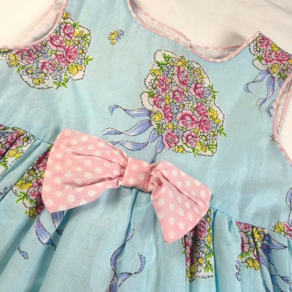 Laura‎ Ashley Dress Girls 4 Blue Floral Polka Dot Sleeveless Bow Y2K Girls EUC